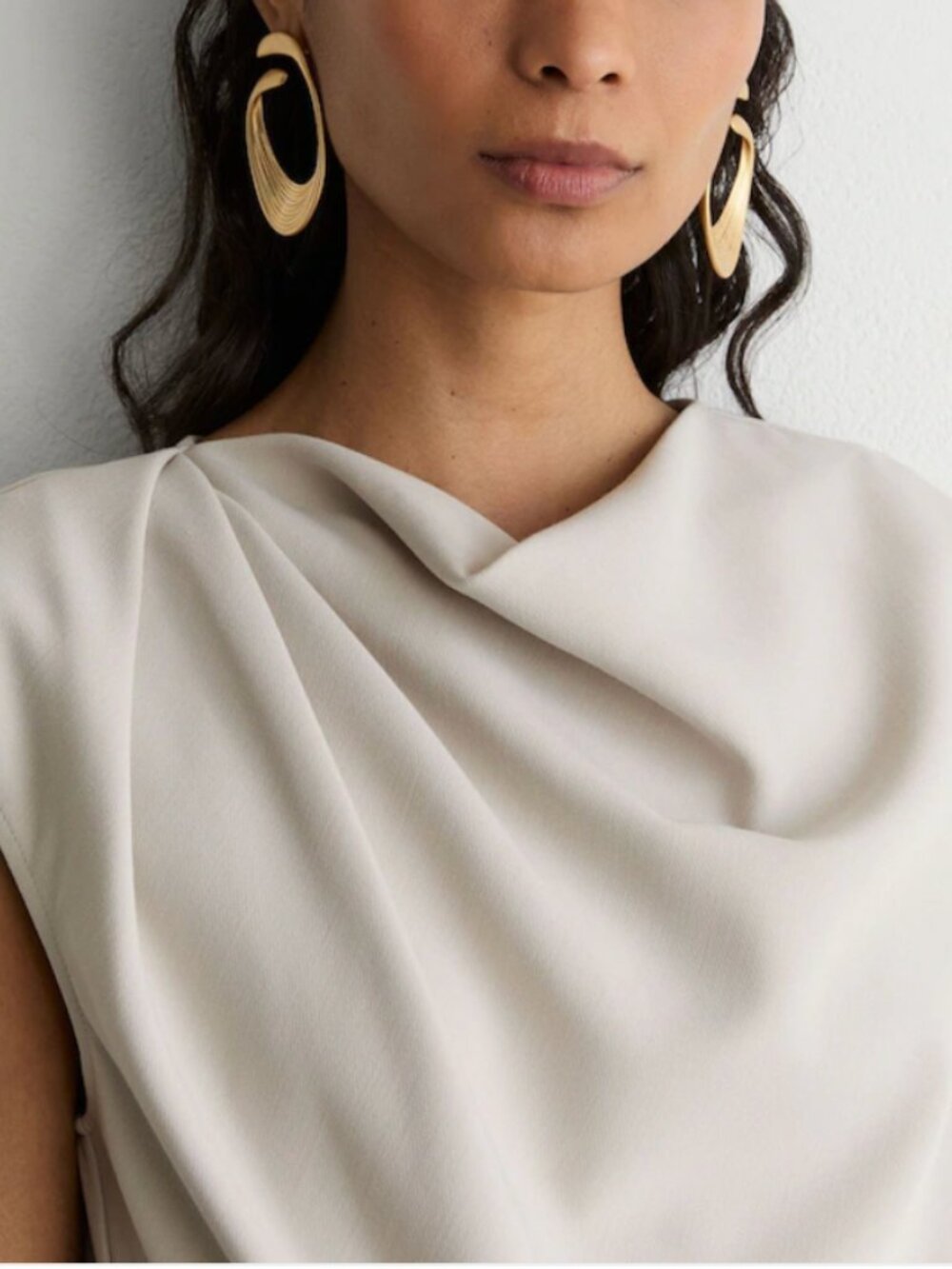 REISS Camilla Midi Dress Stone Neutral Gathered-Detail Draped - Picture 5 of 6